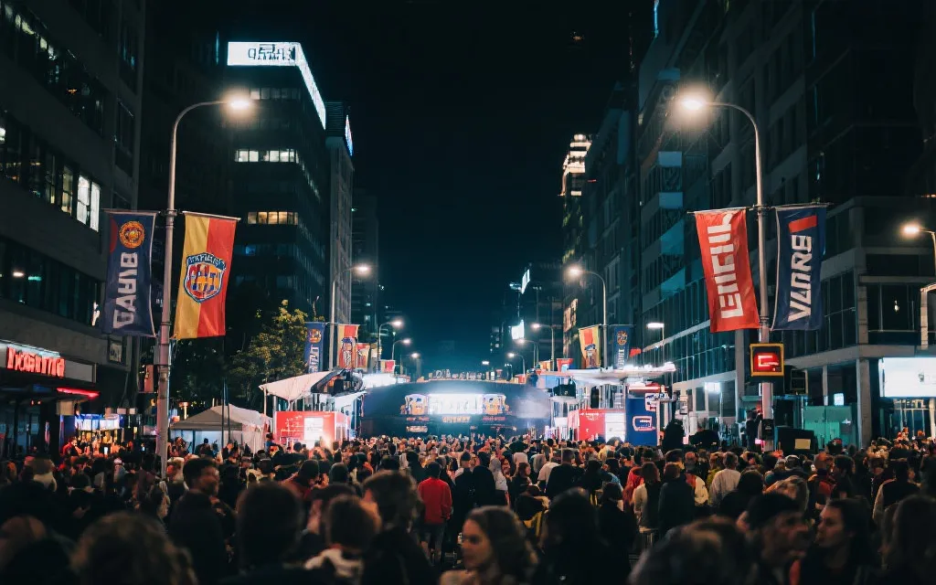 夜晚城市球迷区，旗帜与灯光，人群观赛氛围，旅行纪实风格
