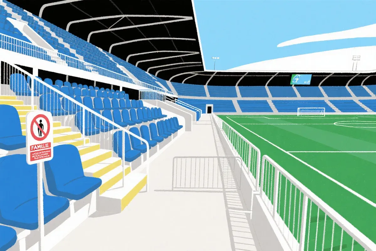 球场看台的安全细节示意：护栏、台阶、通道与家庭观众区，画面清晰、信息感强